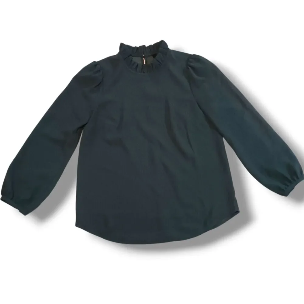 J.Crew Long Sleeve Ruffleneck Blouse-Size XS-365 Crepe-Prep-Chic-Classic-FLAW